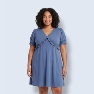 Unk Blue Ruffled V-Neck Short Sleeve Dress